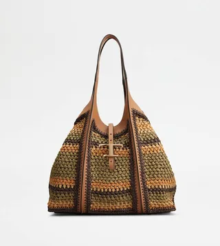 T Timeless Shopping Bag in Leather and Fabric Medium