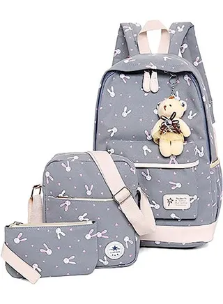 Girls Backpack Student School Bag 3 Piece Set Canvas Backpacks Travel Satchel Daypack Rucksack Set with Crossbody Bag for Teens and Children Bookbag Grey 
