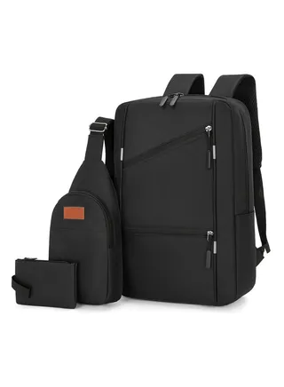 Casual Lightweight Laptop Backpack with crossbody bag and wallet, USB Charging Port，Work backpack for Men and Women, Classic Backpack for College, Hiking Bag, Travel Backpacks(Black Set) 