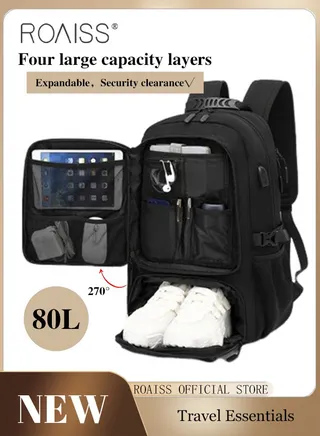 Men Outdoor Sports Mountaineering Bag, External Charging Port, Independent Shoe Compartment, Large Capacity Scientific Compartmentalized Backpack, Short Distance Luggage Bag 