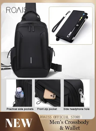 2 Piece Bag Set of Sling Bag and Long Wallet for Men Casual One Shoulder Bag Backpack PU Multi-slot Zipper Wallet New Fashion Men's Multifunctional Waterproof Crossbody Bag 