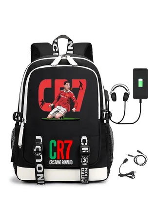 Backpack with USB charging port, soccer sports star Cristiano Ronaldo print, school bag for teenagers and primary school students, men's and women's casual sports backpack 