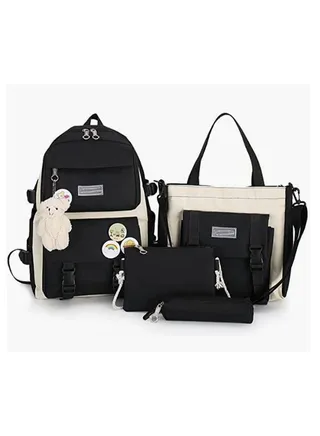 4 Pieces Backpack Set Teen Kids Student Girls Boys, Bear School Bag Tote Bag Pencil Case Lunch Box Bag Canvas Lightweight Large Capacity 