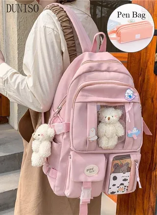 Girl's School Backpack with Pencil Case and  Doll Pendant Waterproof Book Bag with Compartments for Teen Kid Students Elementary School Kids' School Bag With Large Capacity 