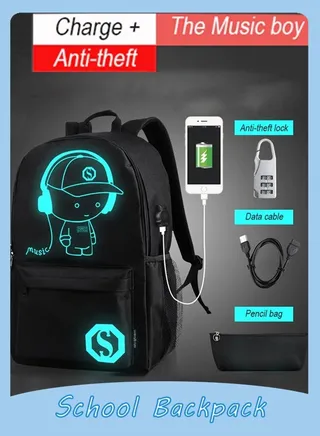 School Backpack Anti-Theft Student School Bag Anime Luminous Laptop Computer Backpack Black with USB Charging Port Lock and Pencil Case for Teen Boys and Girls 