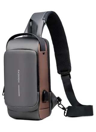 Anti theft Crossbody Sling bag,Shoulder Backpack,Lightweight Chest Daypack with USB Charging Port for sports(grey and gold ) 