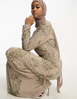 ASOS DESIGN double layer embellished maxi dress with floral embellishment in taupe