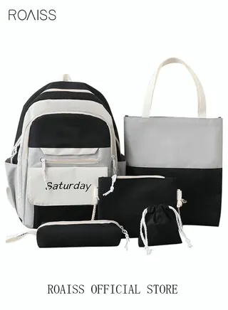 5 Pcs Letter Graphic Colorblock Backpack Set Cute Sweet Large Capacity School Bag Shoulder Totes Pencil Case for Kids Girls Middle School Students Black/Grey 