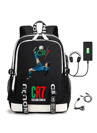 Backpack with USB charging port, soccer sports star Cristiano Ronaldo print, school bag for teenagers and primary school students, men's and women's casual sports backpack 