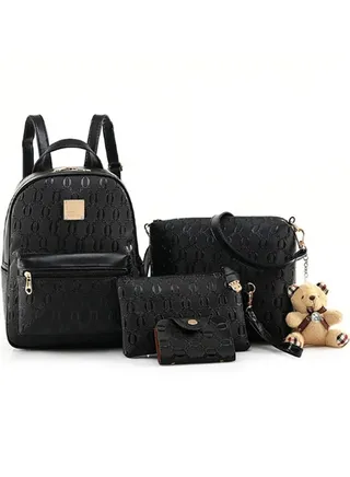 4pcs Ladies Youth Backpack Set Messenger Bag Pu Leather Lightweight Large Capacity Suit 