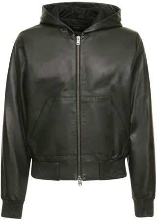Hooded leather zip-up jacket