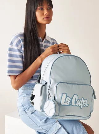 Logo Print Backpack with Adjustable Straps and Coin Pouch 