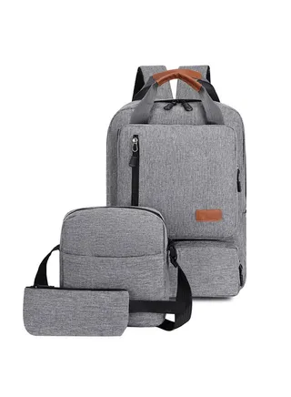 3-Piece Classic Commute Oxford Waterproof Large Capacity Men's Backpack for Working Travel Laptop Bag with Handle Schoolbag Cross-body One Shoulder Bag and Pencil Case Grey 