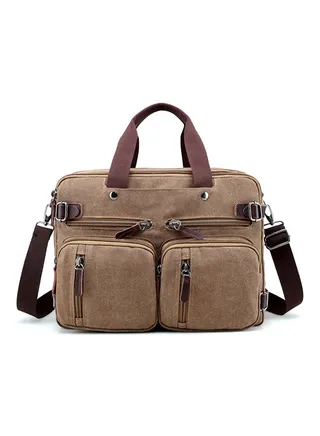 Zipper Closure Canvas Messenger Bag Coffee 