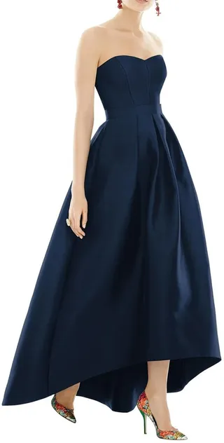 Strapless Satin High Low Dress with Pockets
