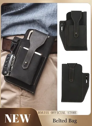 Men'S Retro Leather Waist Bag Leather Mobile Phone Bag Sports Tactics Waist Bag Belt Bag 