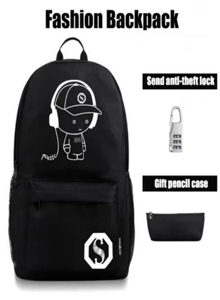 Fashionable custom printed casual outdoor luminous backpack USB+pen bag+anti-theft lock rechargeable durable safe highly applicable lightweight breathable 