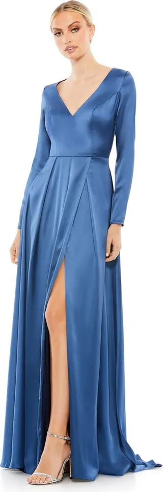 Satin V Neck Long Sleeve Pleated Gown