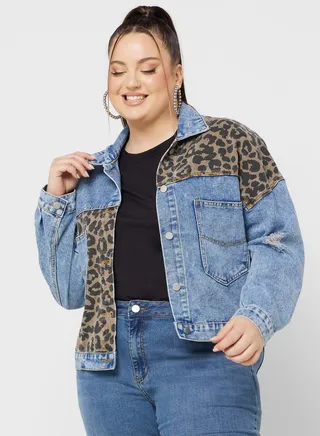 Leopard Print Detail Denim Jacket 
