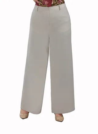 High Waist Wide Leg Pants With Elastic Back Band - Beige 