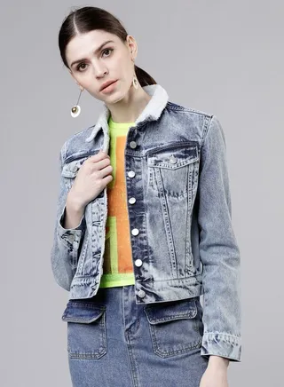 Solid Cropped Fluffy Collar Denim Jacket 