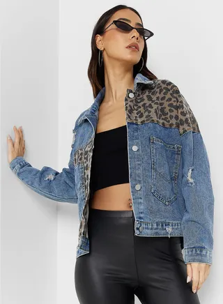 Leopard Print Detail Denim Jacket 
