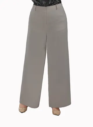 High Waist Wide Leg Pants With Elastic Back Band - Cafe 