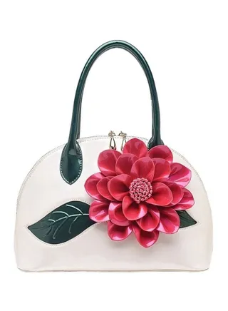 Flower Embellished Satchel Bag White/Red/Green 
