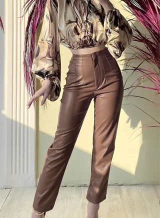 High waist brown vegan Turkish leather pants 