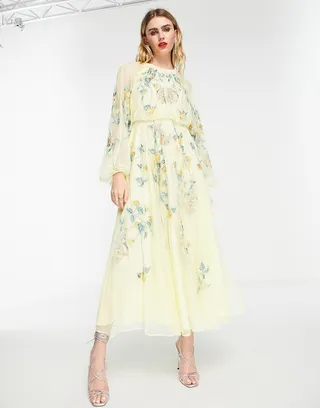 ASOS EDITION floral embroidered mesh midi dress with blouson sleeves in lemon