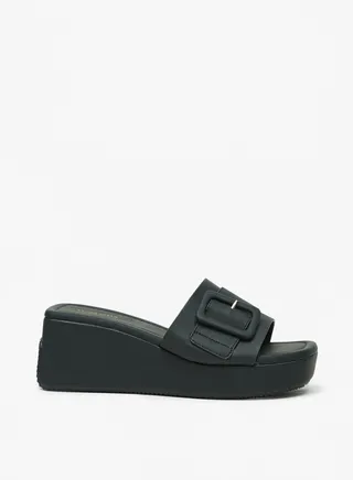 Womens Solid Slide Sandals with Wedge Heels and Buckle Accent 
