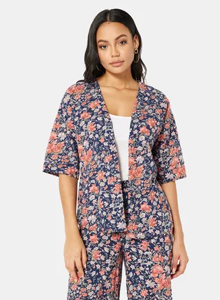 Floral Short Kimono Navy 