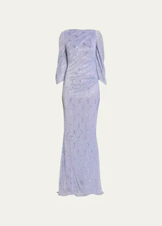 Metallic Sequin-Embellished Voile Cape Gown