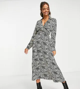 Stradivarius wrap detail midi dress in zebra