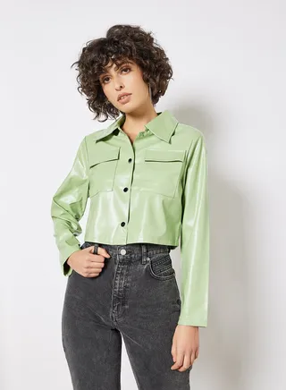 Cropped Faux Leather Jacket Green 