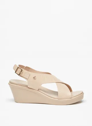Women's Textured Cross Strap Sandals with Wedge Heels and Buckle Closure