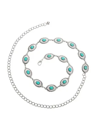 Concho Turquoise Chain Belt, Adjustable Western Metal Waist Chain Belt, Cute Women's Western Country Belt for Jeans or Dresses 