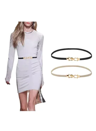 Belts for Women, Stretchy Skinny Waist Belt, Fashion Stretchy Waistband with Buckle Elastic Belt for Dresses Coat Jeans, 2 Pcs, Black and White 