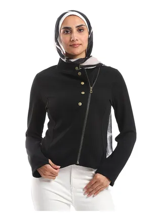 Side Zipper Closure Band Collar Jacket - Black 