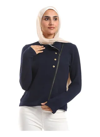 Side Zipper Closure Band Collar Jacket - Navy Blue 