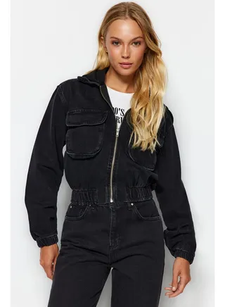 Black Knitted Hooded Bomber Denim Jacket TWOAW24CE00039 