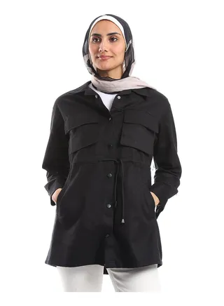 Turn Down Collar Adjustable Drawstring Jacket - Black 