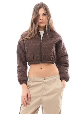Dark Brown Long Sleeves Zipped Quilted Jacket 