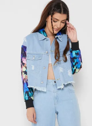 Printed Sleeve Denim Jacket