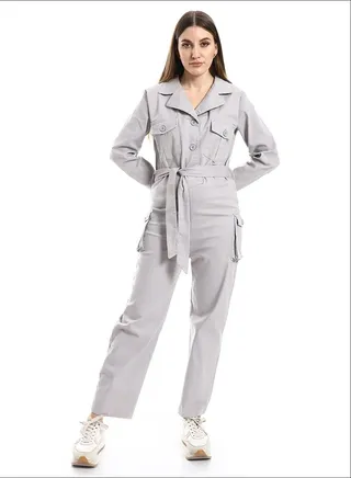Notched Collar Buttoned Plain Women Jumpsuit_Light Grey 