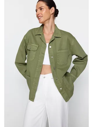 Khaki Pocket Detailed Oversize Denim Shirt Jacket TWOAW22CE0272 