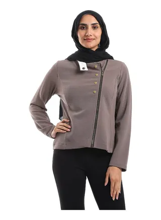 Side Zipper Closure Band Collar Jacket - Cedar Brown 
