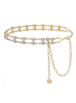 Double Row Rhinestone Crystal Belt for Women, Sparkling Waistband Dresses, O Ring Chain Design, Glamorous Gift, S Size 