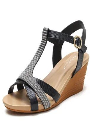 One-Word Buckle Wedge Heel Sandals 5CM Black 