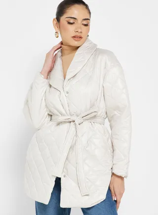Quilted Longline Jacket With Tie Detail 